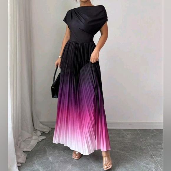 Elegant Gradient Print Batwing Sleeve Ruched Waist Women Long Dress - Picture 5 of 5